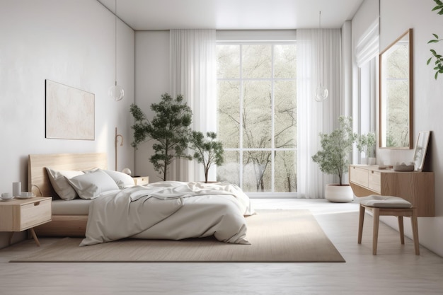 흰색 벽이 있는 침실, 큰 창문, 작은 의자, 사이드보드 및 미니멀한 디자인