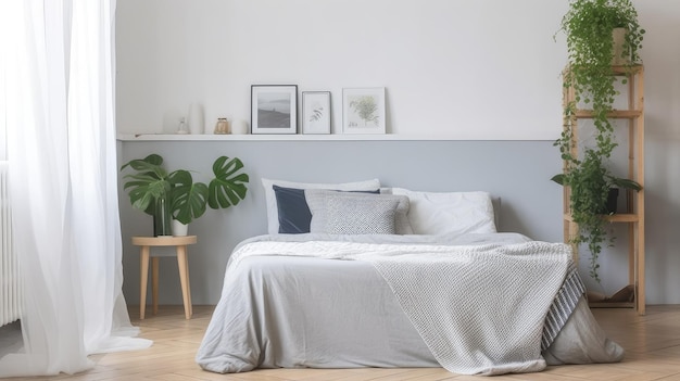 A bedroom with a white wall and a white bed with a white sheet on it.