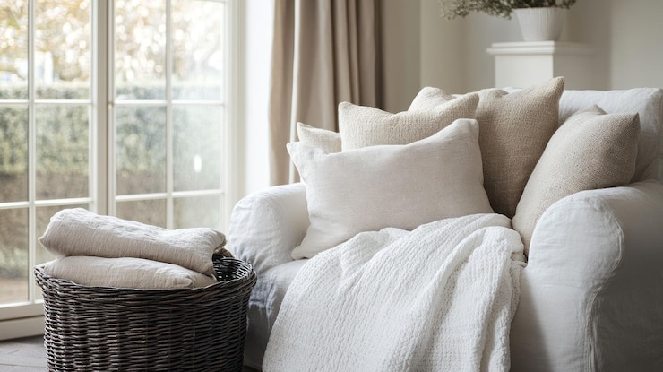 Photo a bedroom with a wicker basket and a window with a white curtain