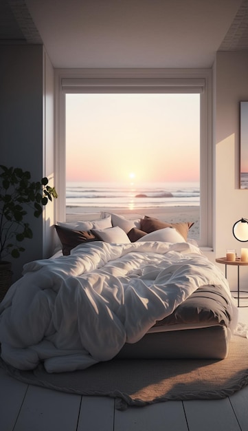 A bedroom with a window that says'sunrise'on it