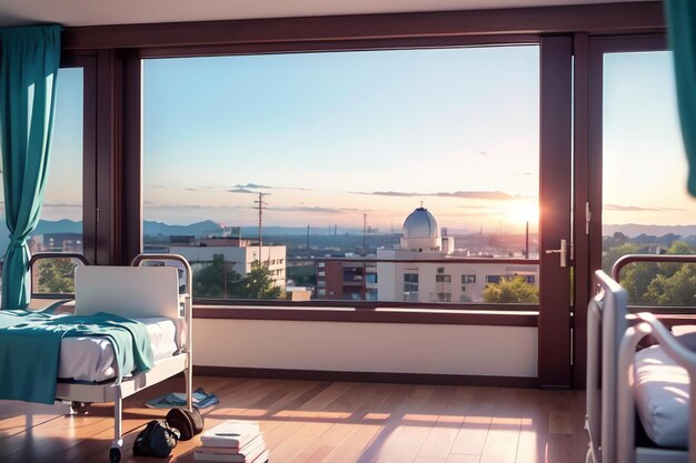 A bedroom with a window that says'the word " on it