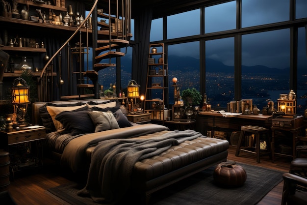 a bedroom with wooden bar and benches in the style of bold black lines