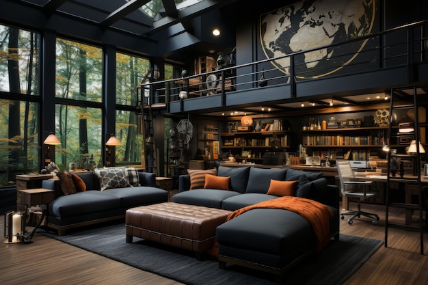 a bedroom with wooden bar and benches in the style of bold black lines