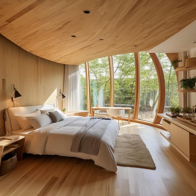 나무 바닥과 큰 창문이 있는 침실