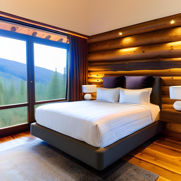 木の壁と白いシーツが敷かれたベッドのある寝室。