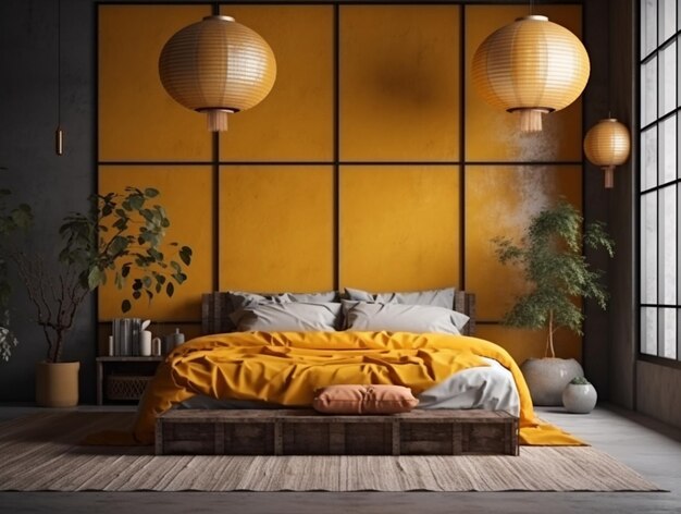 Спальня с желтой кроватью и оранжевыми подушками.