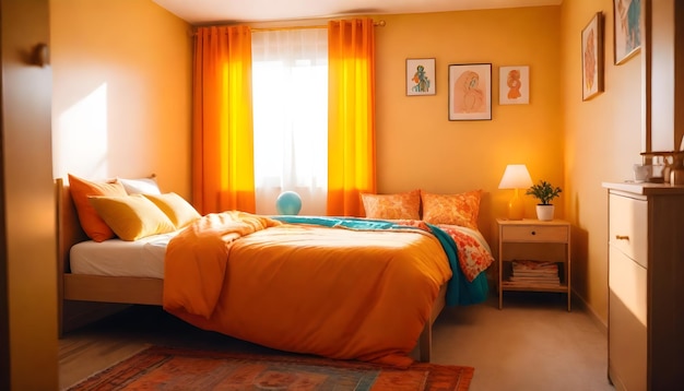 a bedroom with a yellow and orange bedding and a lamp on a nightstand