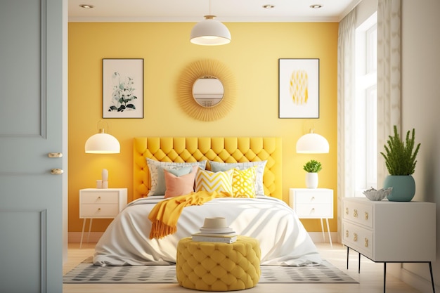 노란색 벽과 흰색 램프가 있는 흰색 테이블이 있는 노란색 침대가 있는 침실.