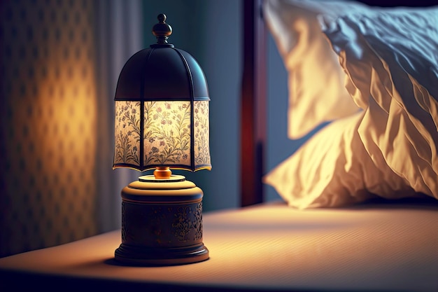 Bedside lamp on blurred background with bed created with generative ai