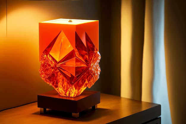 Bedside lamp in shape of orange crystal on wooden pedestal created with generative ai