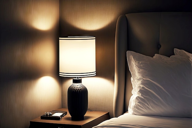 Прикроватная лампа для сна в современном интерьере отеля, созданная с помощью генеративного искусственного интеллекта