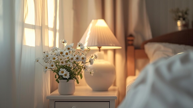 Bedside Serenity Nightstand with Lamp and Flowers in the Bedroom