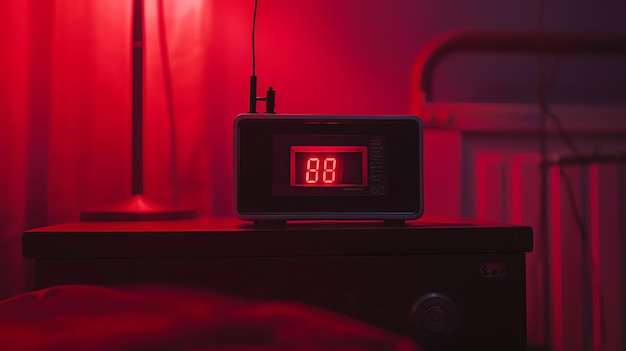 Photo a bedside table with a digital alarm clock on it the alarm clock is displaying the time 800 the table is next to a bed with a red blanket