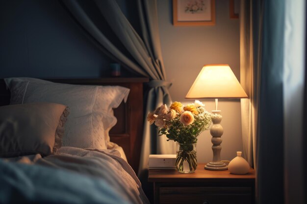 Bedside table with lamp and flowers in the bedroom Generative AI