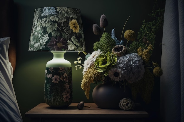 Прикроватная ваза с цветком в мрачной планировке комнаты