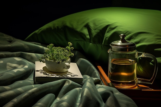 Вид на кровать с дневником и чашечкой травяного чая