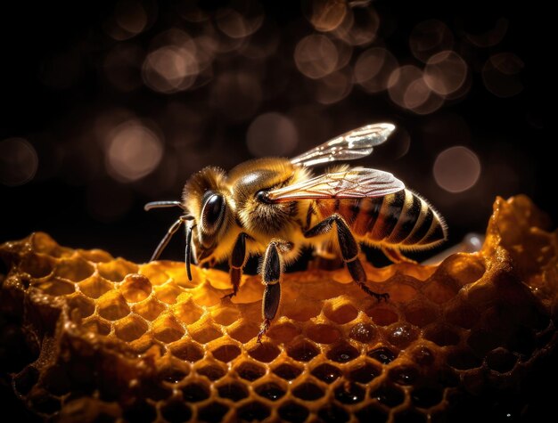 Photo bee on beehive honeycomb