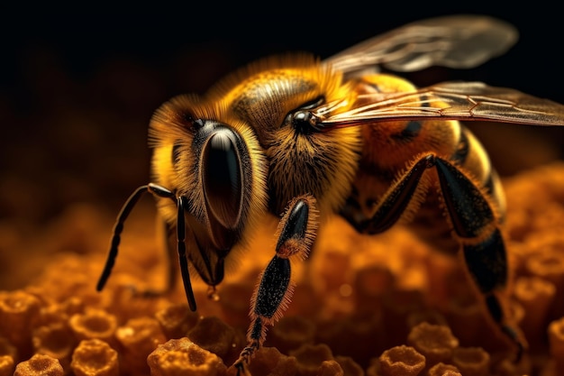 A bee on a beehive with a black background