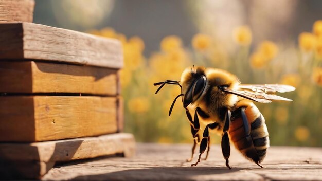 A bee and a beehive on a wooden surface