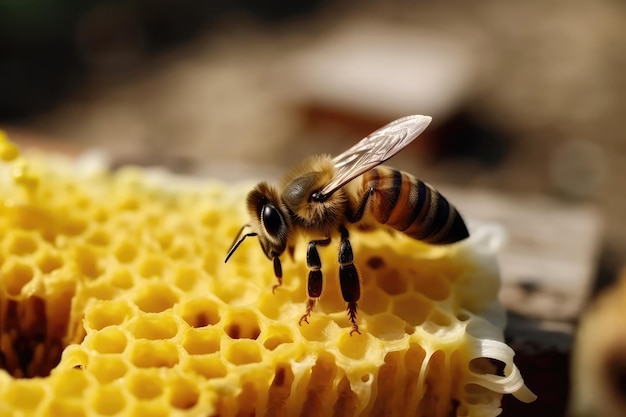 蜂の巣と花の生成 AI を持つ養蜂場でガムを跳ねるミツバチ