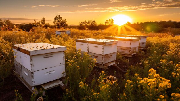 Photo bee boxes full of bees at sunset