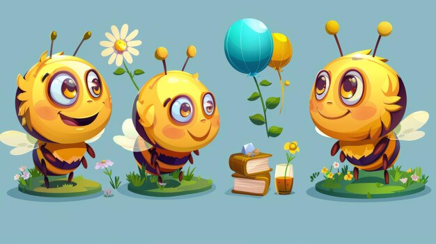 Bee character modern cartoon illustration Insect mascot design with chamomile flowers balloons honey and books