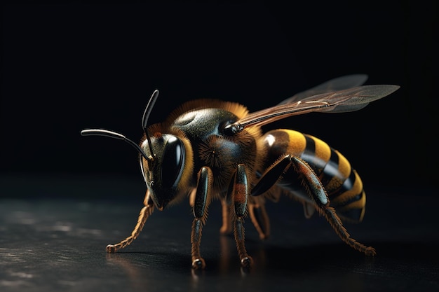 bee in closeup on a black backdrop