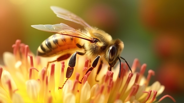A bee collects nectar on a flower closeup