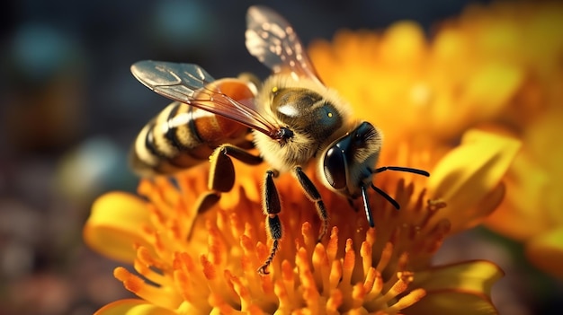 A bee collects nectar on a flower closeup