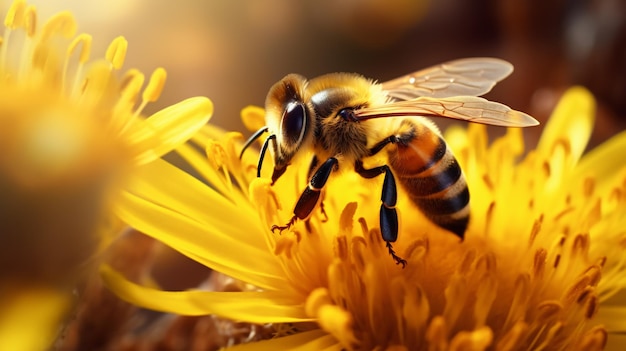 A bee collects nectar from a yellow flower super