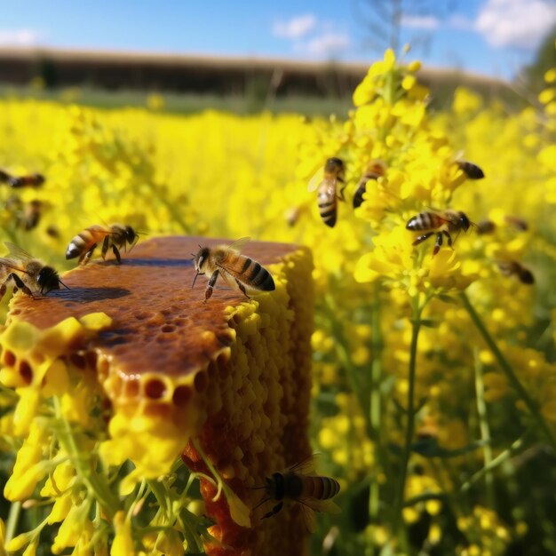 Bee colonies on the edge of a blooming rapeseed fieldsunny day generative ai