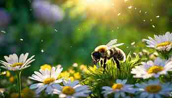 Photo bee on daisy meadow