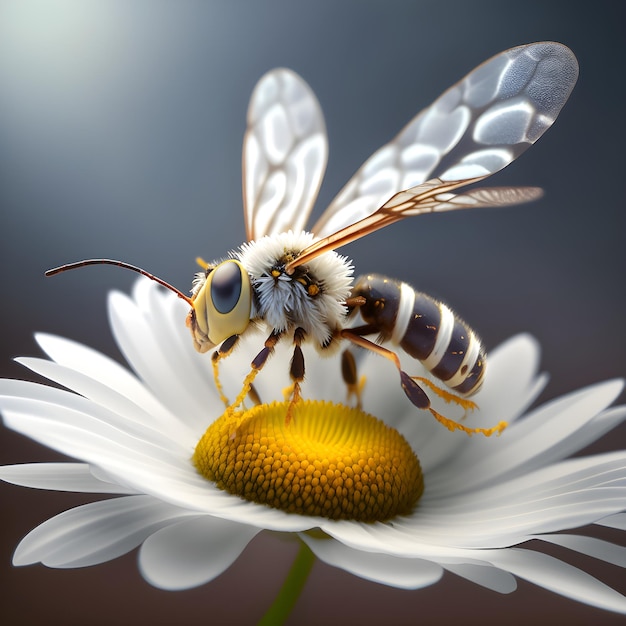 A bee on a daisy with a yellow center.