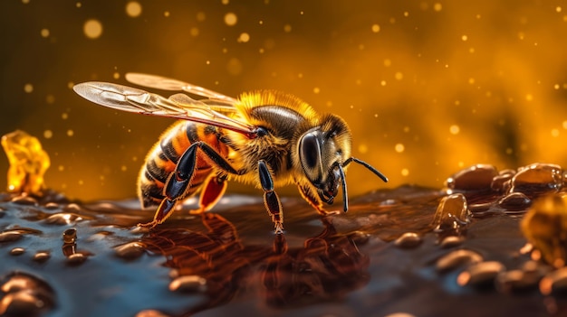 A bee drinking water from the surface of a pond or pool Generative ai