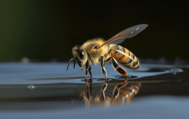 A bee drinks water from a pond.