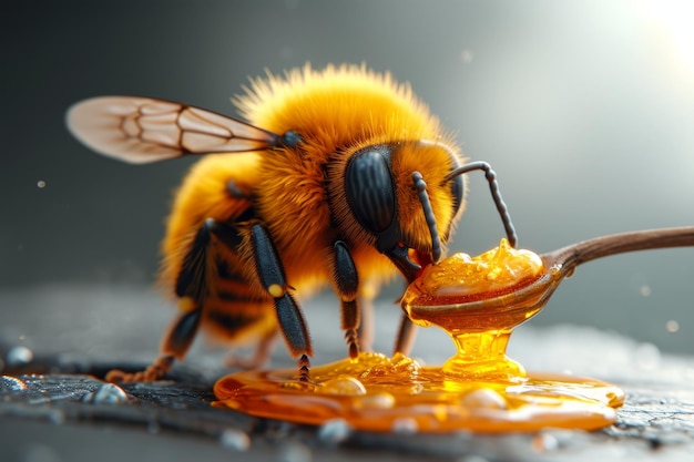 The bee eats natural honey 3d illustration