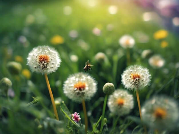 a bee flies over a field of dandelions