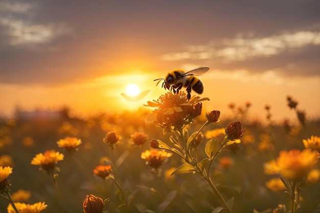 ミツバチが花畑の上を飛ぶ ai 生成