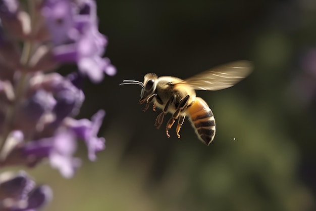 ミツバチが紫色の花のそばを通り過ぎます。