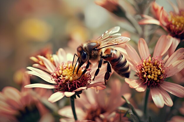 A bee flies through some flowers in the garden