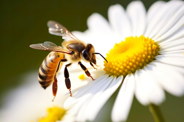 벌과 꽃 화창한 날 데이지 꽃에서 꿀을 모으는 벌의 클로즈업 제너레이티브 AI