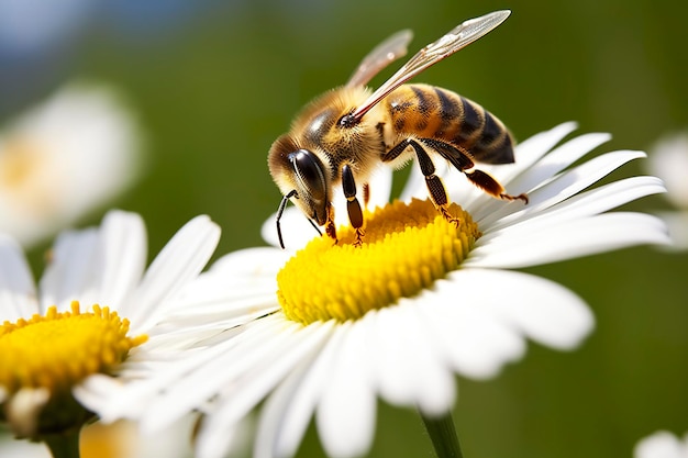 Bee and flower Close up of a bee collecting honey on a daisy flower on a sunny day Generative AI