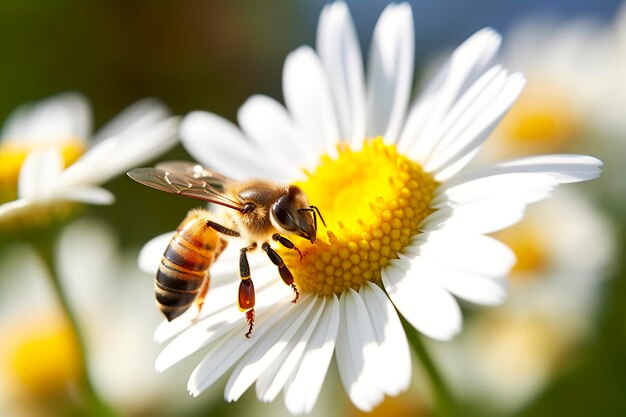 Пчела и цветок Крупный план пчелы, собирающей мед на цветке ромашки в солнечный день Генеративный ИИ