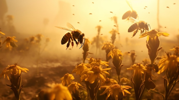 Пчела и цветок крупный взгляд на большую полосатую пчелу, собирающую мед на цвете в солнечный яркий день Лето и весна