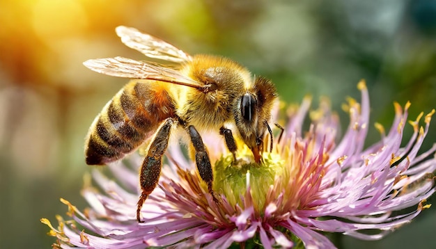 蜂と花 大きなストライプのミツバチが太陽の明るい花で蜂蜜を集めています