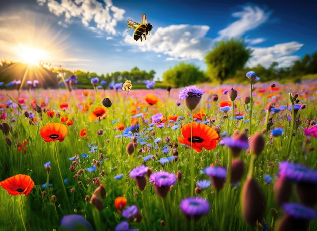 ミツバチと花畑の風景