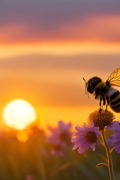 Bee on flower morning background