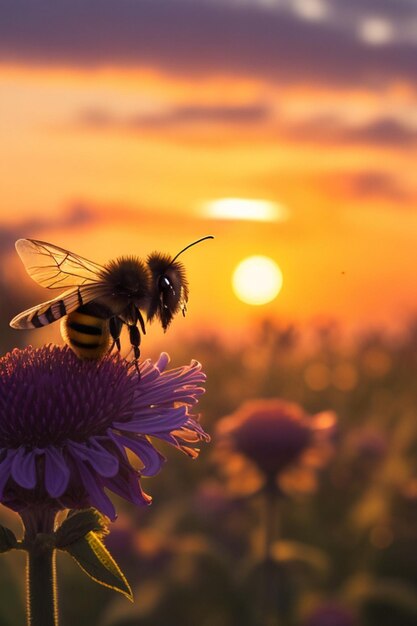 Bee on flower morning background