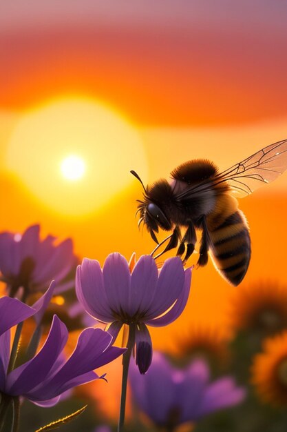 Bee on flower morning background