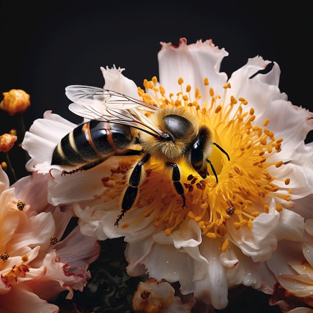 花の写真の隣にあるミツバチ